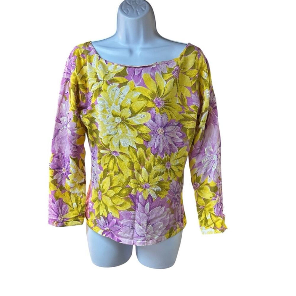 Cache Y2K Floral Sequin Beaded Top Yellow Purple Stretch 2000s Glam Large